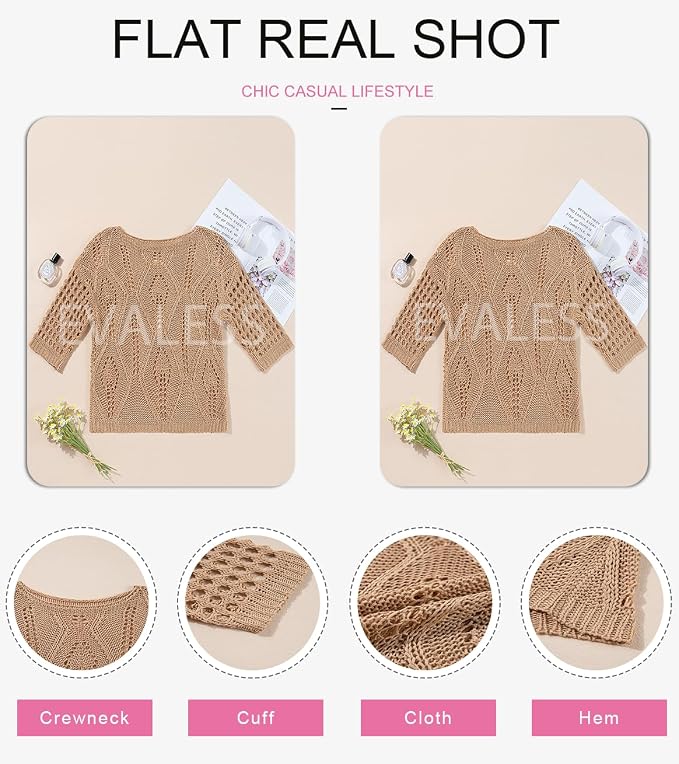 EVALESS Womens Crochet Hollow Out Knit Tops Half Sleeve Spring Summer Sweaters Beach Cover Ups for Women Trendy 2026 - Image 7