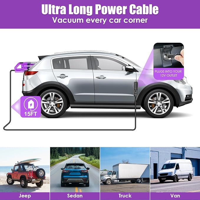17PCS Car Cleaning Kit, Purple Car Interior Detailing Kit with High Power Handheld Vacuum, Detailing Brush Set, Windshield Cleaner, Cleaning Gel, Complete Auto Accessories for Women Gift - Image 8