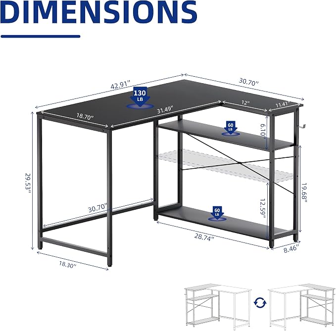 Pamray 43 Inch L Shaped Computer Desk with Reversible Side Storage Shelves, Small Corner Desk for Small Space Home Office,Writing Study Table Gaming PC Desk for Bedroom,Black - Image 3