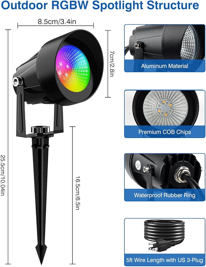 Spot Lights Outdoor, Smart RGBW LED Color Changing Landscape Lighting with APP and Remote Control, Music Mode, DIY Scenes, Timing, IP65 Waterproof Spotlight Plug in for Yard Garden, 4 Pack - Image 4