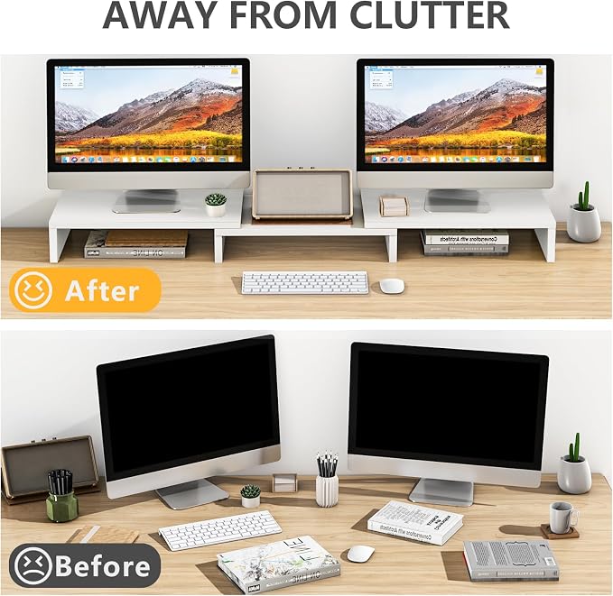 TAVR Dual Monitor Stand Riser, Wooden Computer Monitor Stand for 2 Monitors | Extra Long Multifunctional Desktop Organizer Riser for TV, PC Monitor, Laptop, Printer, Max 43.3" Length, White - Image 2