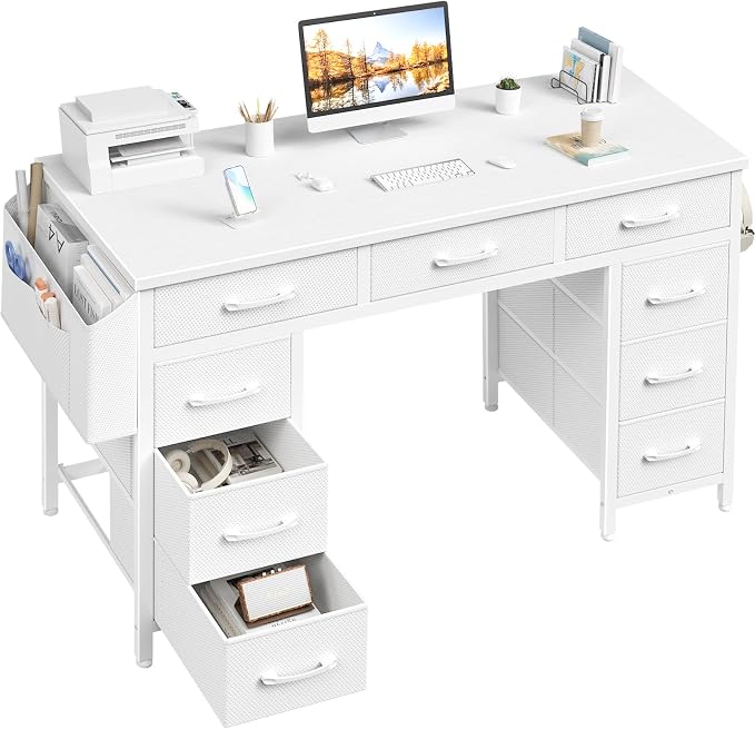 Lufeiya 47 Inch Computer Desk with 9 Drawers, Office Desk Work Desk for Home Office, Study, Writing, Vanity Desk with Fabric Drawers on Both Sides, Large Storage, White by LUFEIYA