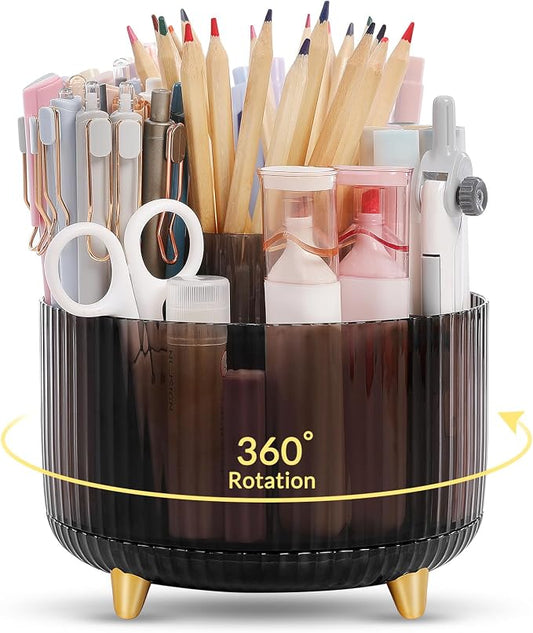 SKYDUE Rotating Pencil Pen Holder, Pen Organizer with 5 Slots - Aesthetic Desk Organizer and Accessories for School, Home, Office Supplies, Clear Black by SKYDUE