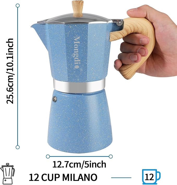 Mongdio Stovetop Espresso Maker Moka Pot, Cuban Coffee Maker Stove top coffee maker Moka Italian Espresso Greca Coffee Maker Brewer Percolator, 12 Espresso Cups, 20 oz - Blue - Image 5