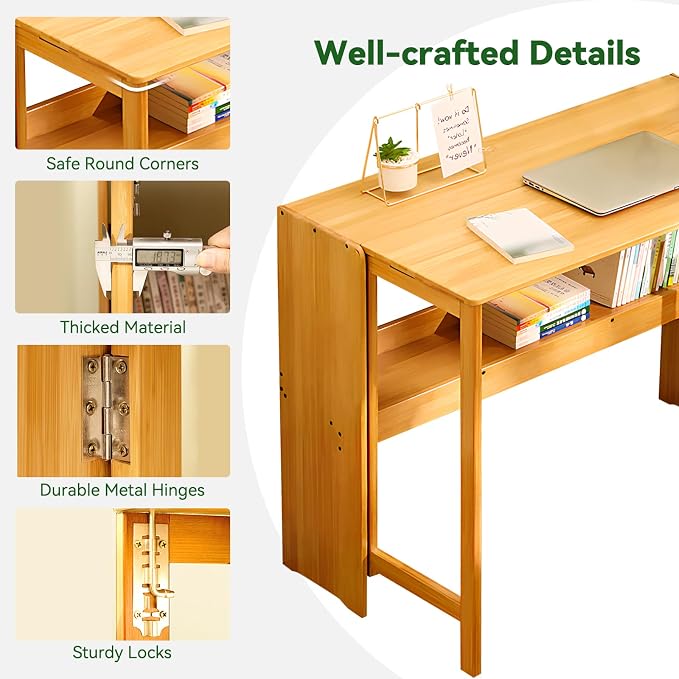 Bamboo Folding Desk Mid Century Modern Desk for Home Office Bedroom Small Spaces，Natural - Image 4