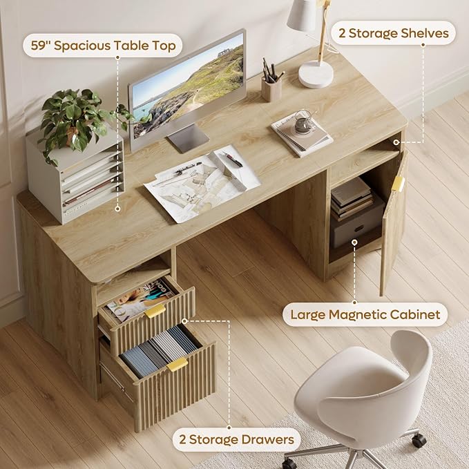 Bestier 59 inch Computer Desk with 2 Drawers, Office Desk with Storage File Cabinet and 2 Open Storage Shelves, Modern Fluted Executive Desk for Home Office Bedroom, Natural Oak - Image 4