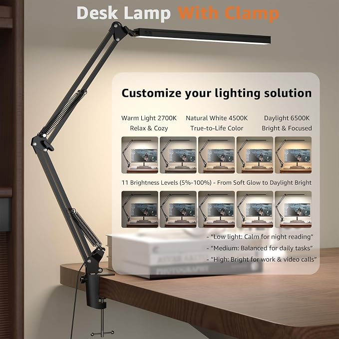 Upgrade Swing Arm LED Desk Lamp with Clamp, 80 LED Beads, 5 Color Modes & 11 Brightness Levels, 360° Adjustable Arm, Eye-Caring Light CRI95, Timer & Memory Function, for Office, Study, Crafting - Image 2