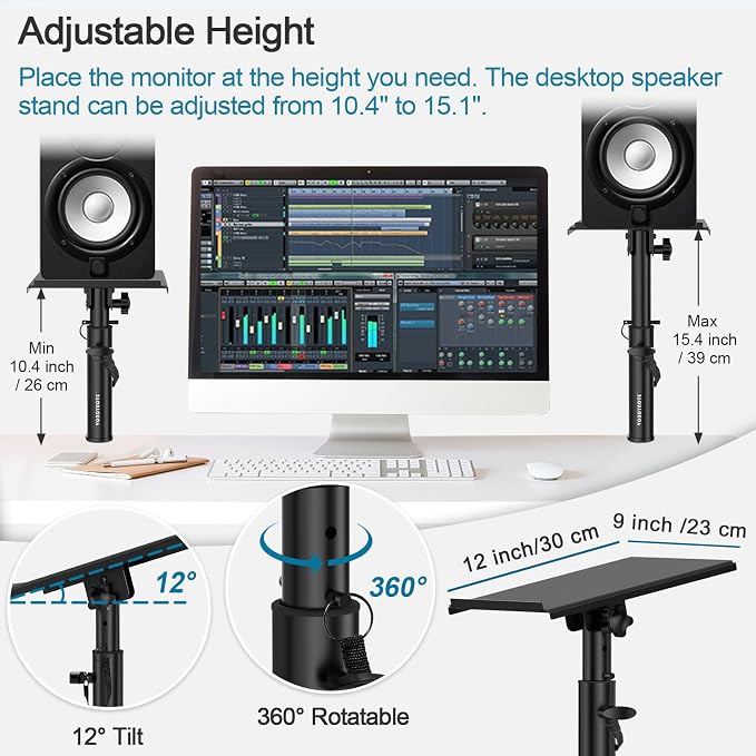 Vondynote Pair of Studio Monitor Stands Desk Clamp Speaker Stands 12°Tilt | Heavy Duty, 10.4"-15.4" Height Adjustable, for Monitor Speakers Laptop Projector CD Player - Image 2