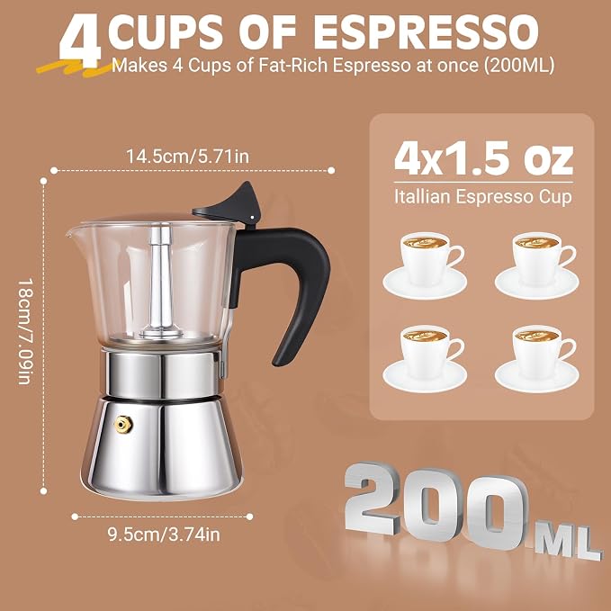 4 Cup 200ml Glass Moka Pot, Stovetop Espresso Maker, Silver | Crystal Glass-top & Stainless Steel Coffee Maker, Induction Compatible, for Greca de Cafe, Cuban and Italian Coffee Brewing - Image 5
