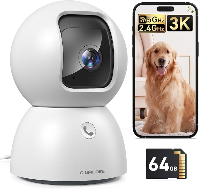 Smart 3K Indoor Dome Security Camera with AI Human/Pet/Facial Detection, 360° Pan-Tilt Coverage, 2-Way Audio, 2.4GHz 5GHz Dual-Band Wi-Fi - Includes 64GB SD Card & No Subscription Needed by Unknown