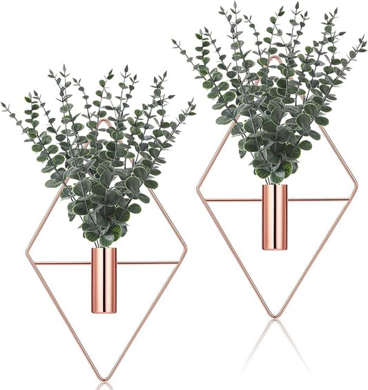 Jexine 4 Pcs Hanging Planters with Artificial Eucalyptus Metal Hanging Vase Indoor Plants Holder Modern Geometric Boho Bathroom Wall Decor for Living Room Home Office (Eucalyptus,Rose Gold) by Jexine