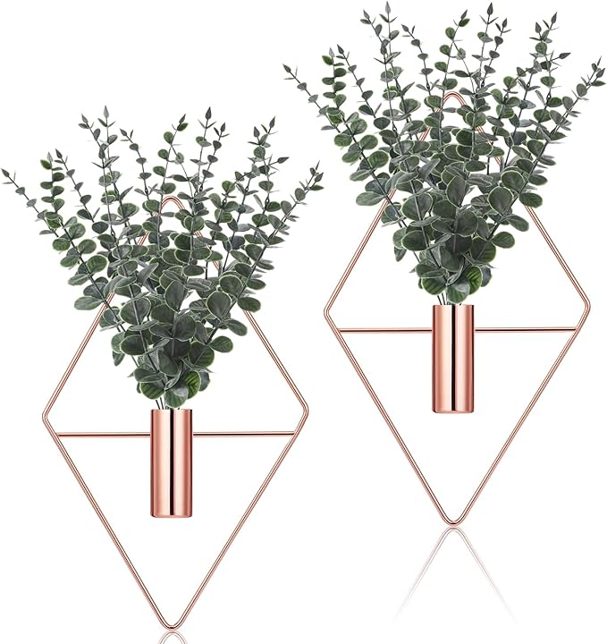 Jexine 8 Pcs Hanging Planters with Artificial Eucalyptus Metal Hanging Vase Indoor Plants Holder Modern Geometric Boho Bathroom Wall Decor for Living Room Home Office (Eucalyptus,Rose Gold) by Jexine