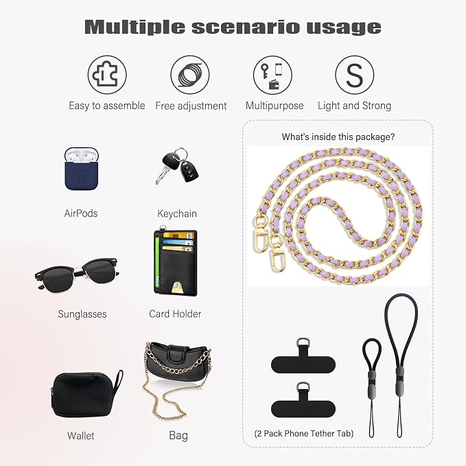BFSD·DM Phone crossbody strap, 2× Pads,1× Leather Phone Strap,1× Phone Wrist Strap,1× Adjustable Finger Strap,Universal Crossbody Patch Phone Lanyards,Compatible with Most Smartphones(purple-48in) - Image 3