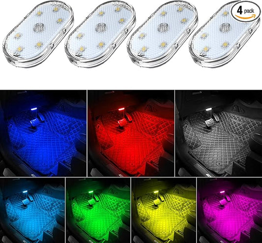4Pcs Car LED Lights Interior Wireless, 7 Colors Interior Car Lights with 6 Bright LED Lamp Beads, Portable USB Rechargeable Car Interior Led Night Light for Car Decor by TEKSHINNY