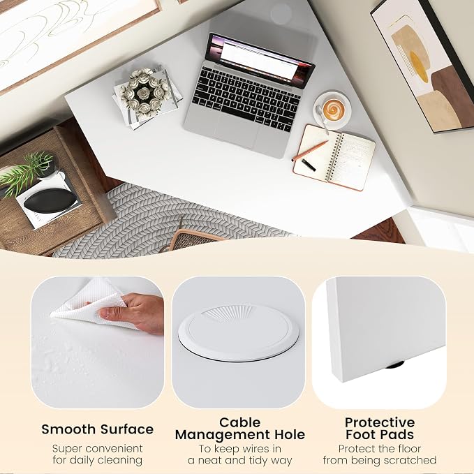 GOFLAME Corner Desk with Storage Shelves, Triangular Computer Desk with Cable Management Holes, Laptop Workstation for Small Space, Makeup Vanity Desk for Living Room, Study, White - Image 6