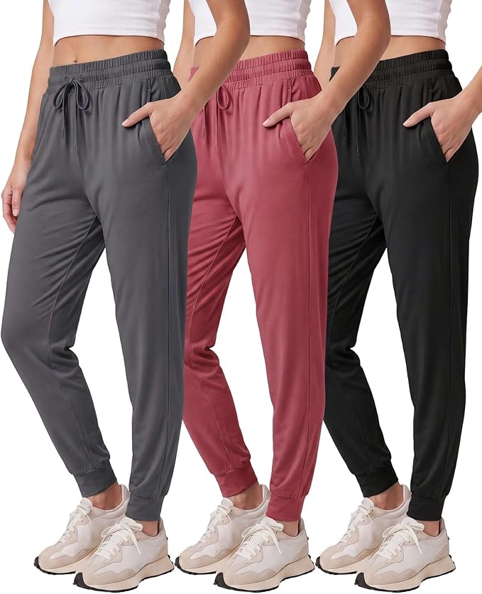 3 Pack Women's Lounge Joggers Sweatpant Active Athletic Yoga Workout Pocket | Available in Plus Size, Ladies Casual, Drawstring Gym Pants, Sleep Bottoms, Hiking, Running, Fitness, Exercise, Pajama, Soft by RealEssentials