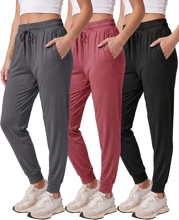 3 Pack Women's Lounge Joggers Sweatpant Active Athletic Yoga Workout Pocket | Available in Plus Size, Ladies Casual, Drawstring Gym Pants, Sleep Bottoms, Hiking, Running, Fitness, Exercise, Pajama, Soft by RealEssentials