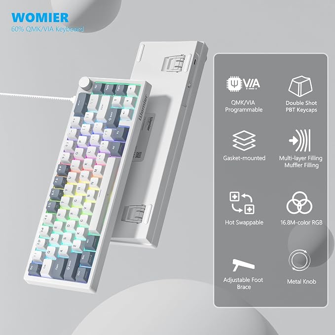 Womier 60% Gaming Keyboard Wired, Creamy Mechanical Keyboard QMK/VIA | Hot Swappable Gasket Mount RGB Key board & Translucent Keycaps POM Linear Switch for Windows/MAC (VK66 PRO White) - Image 5