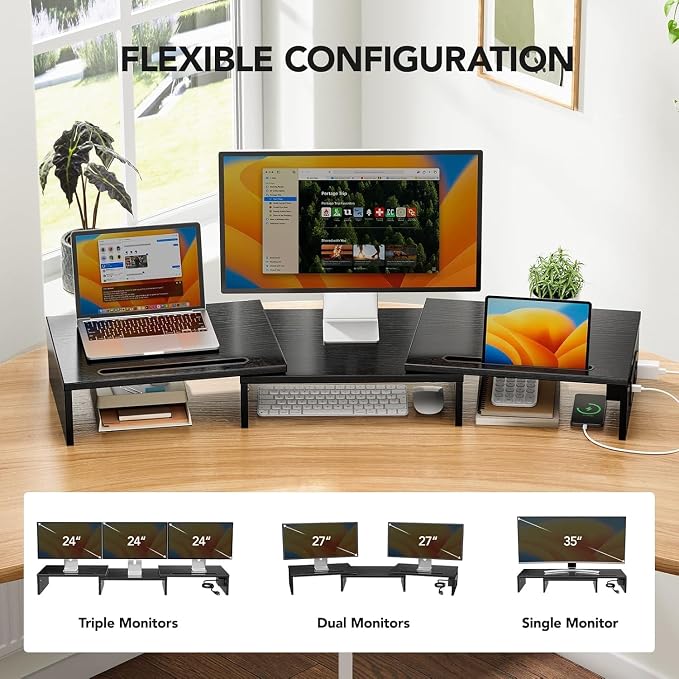 HUANUO Dual Monitor Stand -Monitor Stand with USB ports ,Adjustable Length and Angle, Dual monitor riser w/ Desktop Socket, Monitor Stand Riser for PC, Computer, Laptop (Black) - Image 4