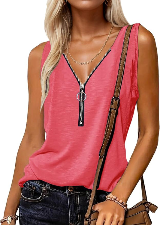Halife Womens Half Zip V Neck Tank Tops Summer Sleeveless Shirts Casual Loose Top Blouses T Shirts by Halife