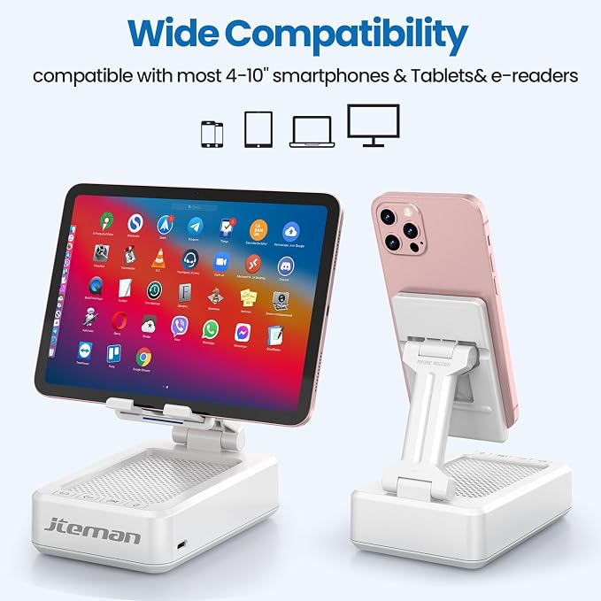 JTEMAN Portable Phone Stand with Speaker Bluetooth Wireless,Gifts for Men Women,Birthday for Women,Kitchen Gadgets for Men,Phone Holder for Desk - White - Image 4