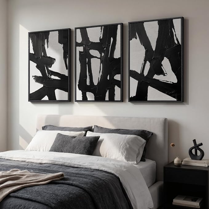 Large Framed Black and White Abstract Wall Art for Living Room, 3 Piece Canvas Prints Paintings Artwork for Walls, Modern Minimalist Wall Decor for Bedroom Dining Room Office hallway 24x36 In - Image 3