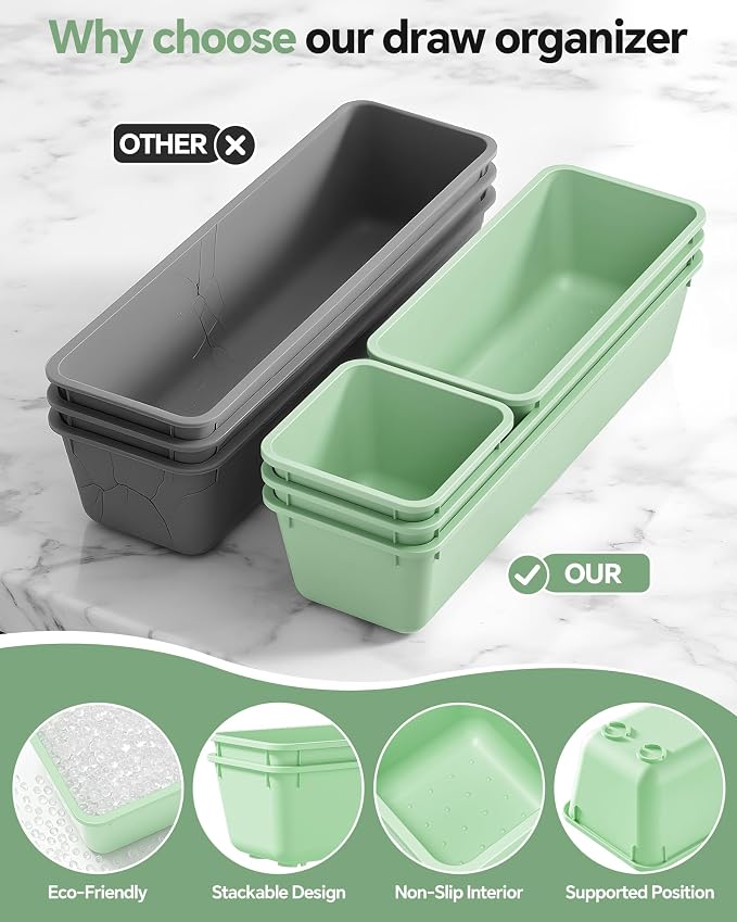 Canfanni 13 Pack Plastic Drawer Organizers Set, 3 Sizes Desk Drawer Organizer Trays for Vanity and Makeup Organizer, Organization and Storage for Makeup, Kitchen Utensils, Bathroom and Office(Green) - Image 3