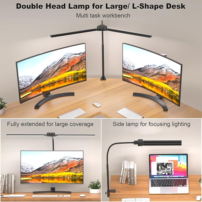 KableRika Desk lamp,Double Head LED Desk Lamp with Clamp,Architect Desk Lights for Home Office,Eye-Caring Desktop Office Lamp 4-Brightness 4-Color Table Lamp for Monitor Workbench Study Reading - Image 2