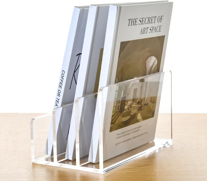 3 Compartments Clear Acrylic Mail Holder – Vertical Letter Sorter & Multifunction Desk Organizer for Bills, Documents, Notebooks – Modern Office/Home Envelope File Rack - Image 4