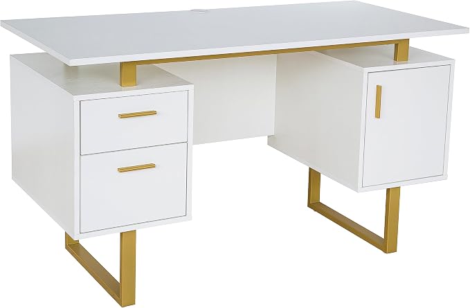 Techni Mobili Storage Drawers and Cabinet 51.25” W-Modern Office Large Floating Desktop Surface Desk, 23.6" D x 51.2" W x 29.8" H, White/Gold | Home office workstation, durable construction, everyday productivity, Ideal for home office, Workspace organ... - Image 8