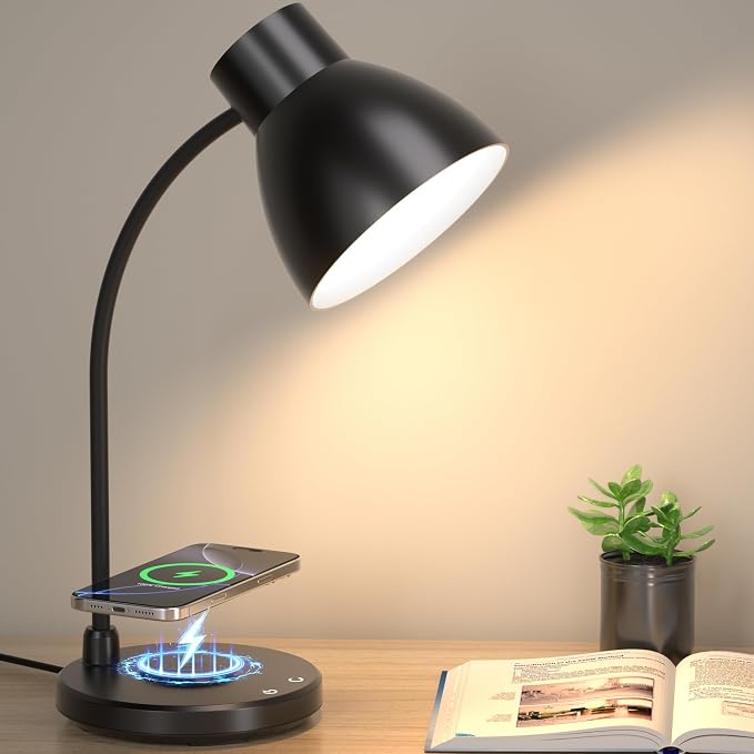 LED Desk Lamp for Home Office with Wireless Charger, Black | 3 Color Modes Dimmable Eye-Caring Study Reading Dorm Desk Lamp, 360° Flexible Arm Table Lamp for College Dorm Room, 800 Lumen by Vicsoon