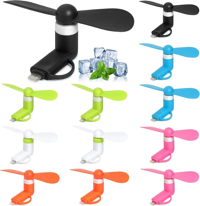Mini Cell Phone Fan 12 Pack, 2-in-1 Fan Compatible for iPhone, iPad, Android Smartphone,Tablet Fit for Type C/Lightning Port Colorful and Powerful Cell Phone Summer Accessories by Aeergured
