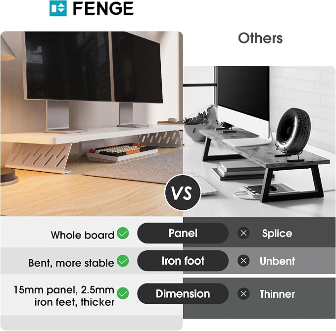 Fenge Dual Monitor Stand Riser, 42.5 Inch Desk Top Shelf for 2 Monitors, Computer Stands for Desk, Wood & Steel Desktop Riser for Laptop, PC, Printer - Image 3