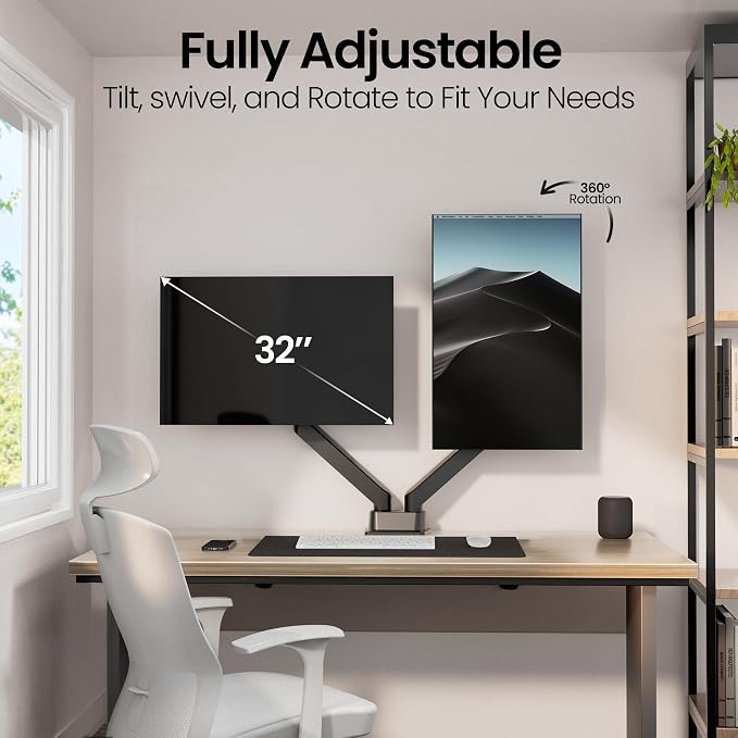 EVEO Premium Dual Monitor Mount 14"-32” Dual Monitor Arm VESA Bracket Adjustable Height Gas Spring Dual Monitor Stand, Screen Full Motion Dual Monitor Arm-Computer Monitor Stand for 2 Screens - Black - Image 3