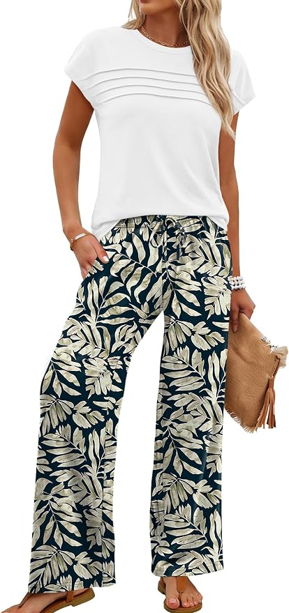 WIHOLL Two Piece Set for Women Summer Spring Outfits Matching Sets Women Clothing Airport Travel Vacation Wide Leg Pants - Image 2