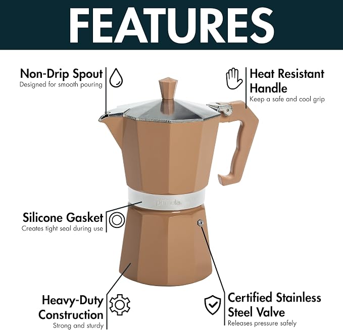 Primula Classic Moka Pot Stovetop Espresso and Coffee Maker, Italian and Cuban Cafetera for Rich Espresso Brewing, Durable Aluminum Greca Coffee Maker with Easy Grip Handle, 6-Cup, Caramel - Image 4