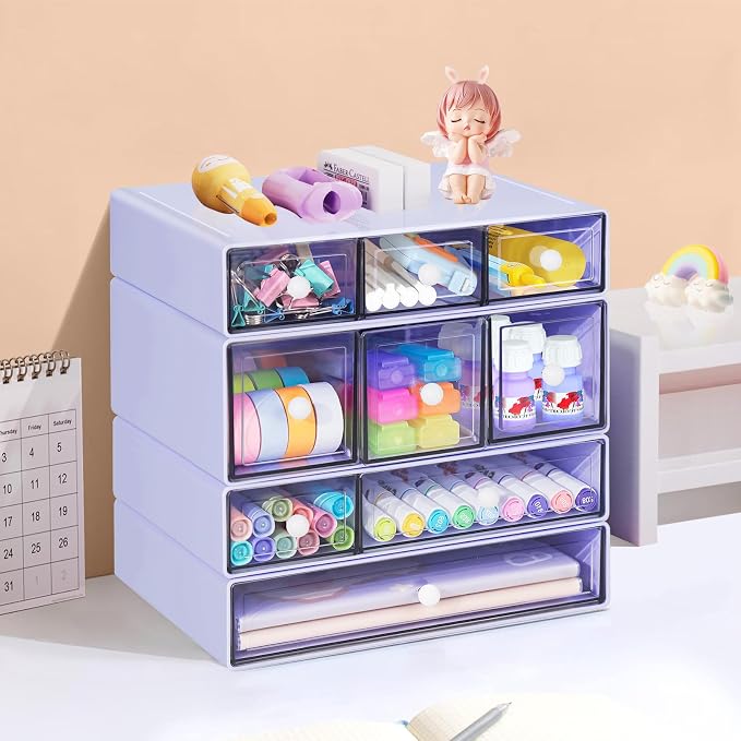 Desk Storage Organizer with 9 Drawers, 4 Tiers Stackable Desktop Craft Storage Drawers, Clear Storage Box Caddy for Stationary Makeup Jewelry Office Craft Supplies (Purple) - Image 2