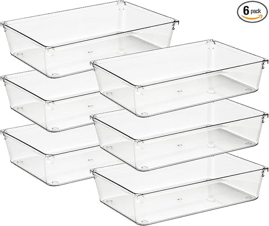Ravinte 6 Pack Drawer Organizer - 6" X 9" Plastic Storage Bins, Acrylic Organizers with Non-Slip Pads Clear Desk Storage Tray for Makeup, Jewelries, Kitchen Utensils, Bathroom and Office | Acrylic Tray Design, Non-Slip Pads, For Makeup, Jewelry, Kitche... by Ravinte