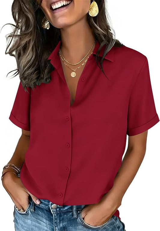 Zeagoo Button Down Shirts for Women Short Sleeve Collared Tops Dressy Casual V Neck Blouses by Zeagoo