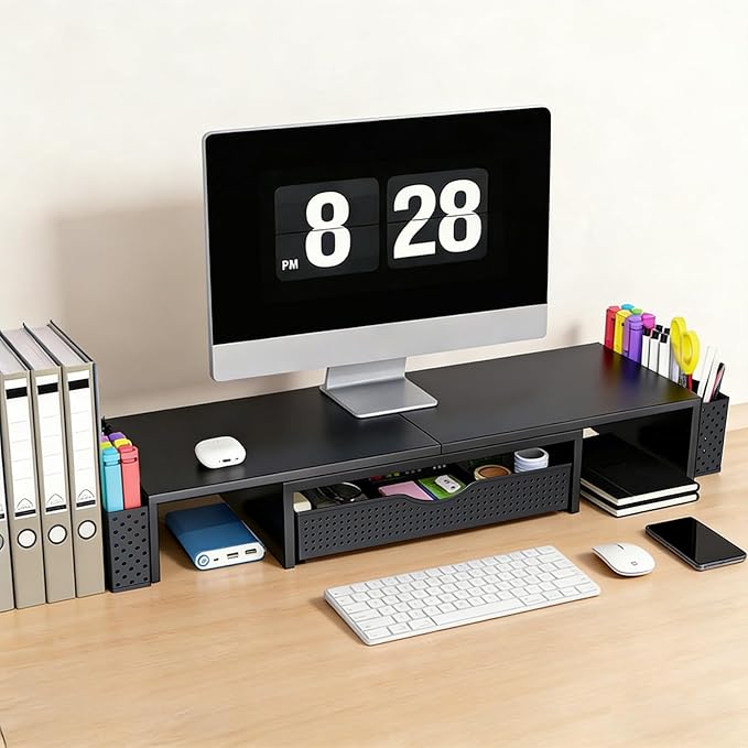 Spacrea Metal Desk Organizers and Accessories, Dual Monitor Stand Riser with Drawer and 2 Pen Holders, Book Racks, Desk Accessories & Workspace Desktop Organizers for Office Supplies (Black) - Image 2