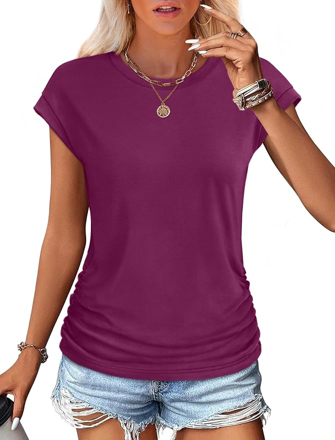 Sampeel Womens Summer Tops Trendy 2026 Ruched Cap Short Sleeve Tshirts Shirts Crew Neck T Shirts Fashion - Image 2