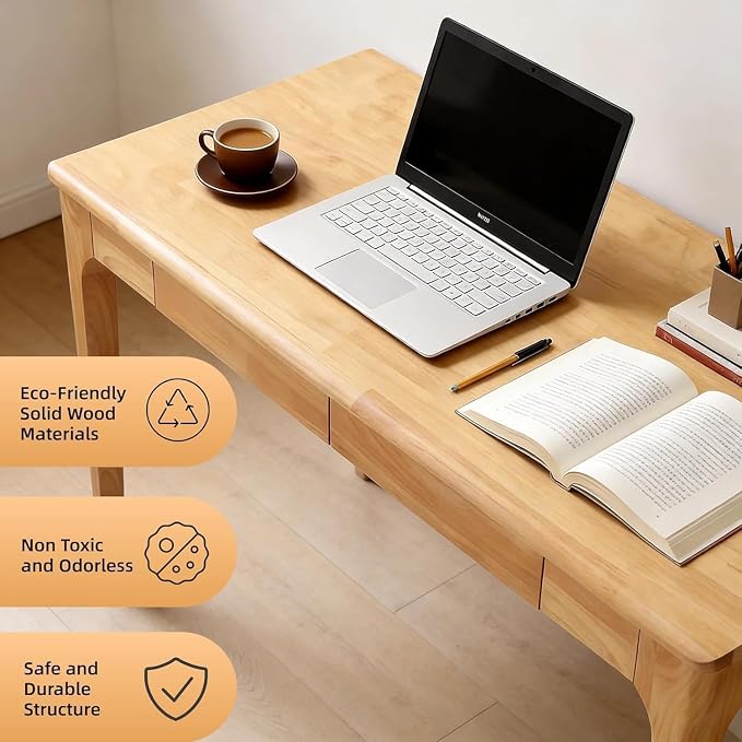 Solid Wooden Desk with Drawers, Small Writing Desk with Drawers for Computer, PC Desk for Work, Study or Gaming, Easy to Assemble - Image 3