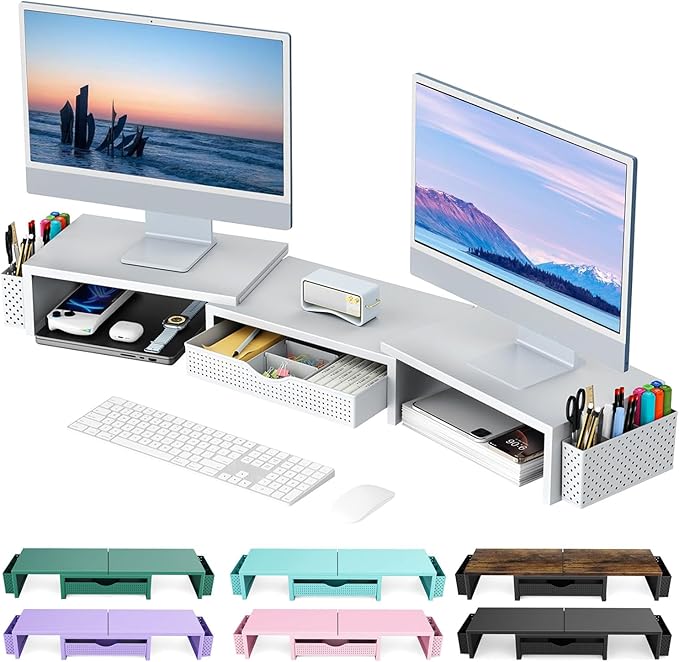 gianotter Dual Monitor Stand Riser, Desk Organizer With Drawer and 2 Pen Holders, Monitor Stand for Desk, Office Decor Essentials (White) by gianotter