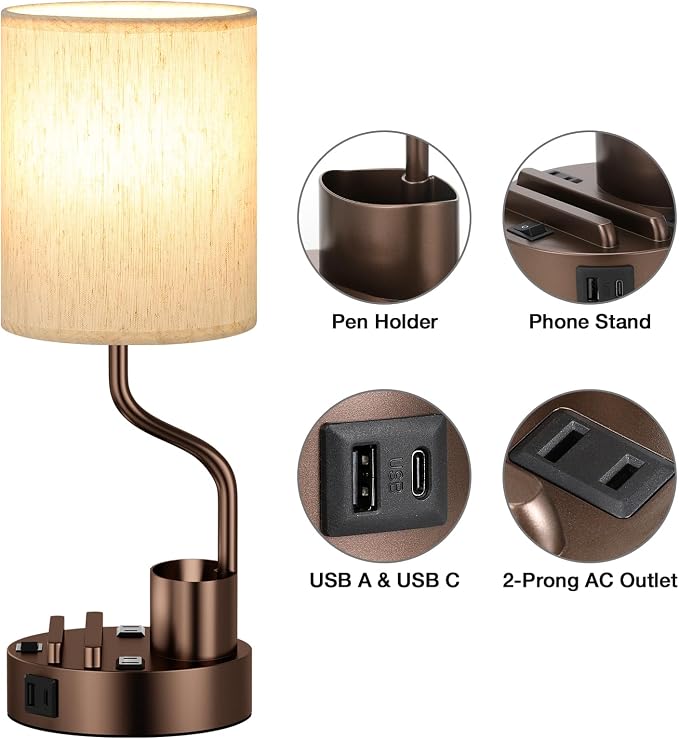 Fenmzee Bedside Lamps for Bedroom Set of 2 - Table Desk Lamp for Nightstand | 15" Table Lamp for Living Room with Pen Holder & Phone Stand, USB A+C Port, AC Outlet, 3 Color Temperature, LED Bulb Included - Image 7
