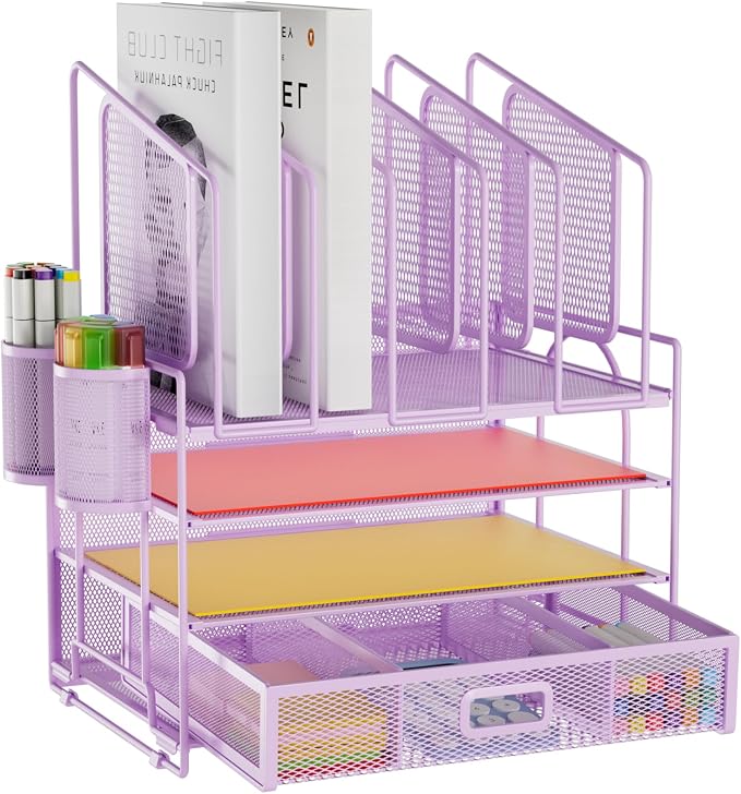 Marbrasse Desk Organizers, 4-Tier Mesh Desk File Organizer with 5 Vertical File Holders and 2 Pen Holders, Multifunction Desktop Organizer,Desk Organizers and Accessories for Home Office (Purple) by Marbrasse