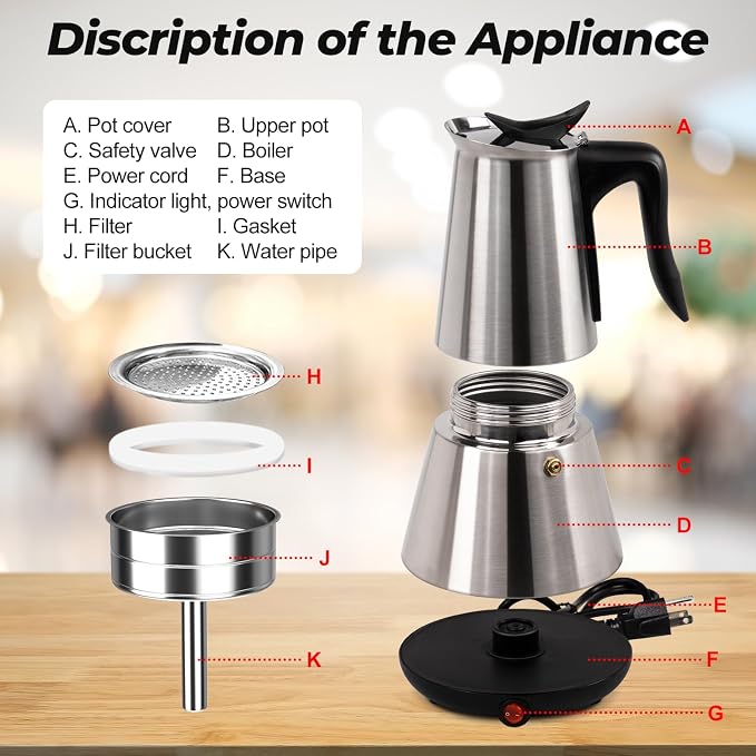 Electric Stainless Steel Moka Pot 6 Cup 300ml Mocha Pot | Espresso Maker with Detachable Base Ideal Coffee Maker for Home Italian and Cuban Café Coffeemaker Espressomaker Coffee Pot - Image 3
