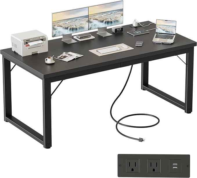 Mericonia 54 Inch Computer Desk with Power Outlets, 1.2" Thick Office Table | Modern Simple Style, Heavy Duty Industrial Frame, Study & Writing Table for Home Bedroom Work, Black by MERICONIA