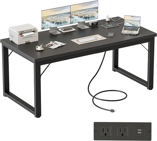 Mericonia 54 Inch Computer Desk with Power Outlets, 1.2" Thick Office Table | Modern Simple Style, Heavy Duty Industrial Frame, Study & Writing Table for Home Bedroom Work, Black by MERICONIA