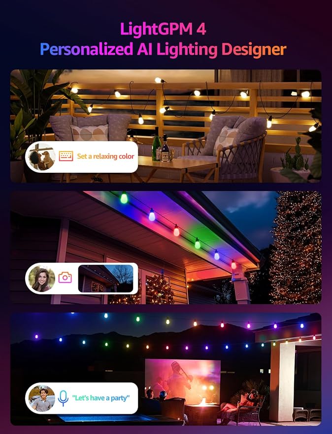 Lepro ZB1 AI Smart Outdoor String Lights APP Control, 100(88+12) ft RGB+IC+Warm White Outdoor Light 30 LED Bulbs, NOT Extendable, Alexa Google Enabled, Music Sync, NO Remote, 2.4 GHz WiFi+Bluetooth - Image 2