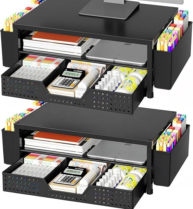 OPNICE Desk Organizer and Accessories, 2-Tier Computer Monitor Stand Riser with Drawer and 2 Pen Holders, Laptop Stand, Office Desk Accessories for Office Supplies, Black 2-Pack by OPNICE
